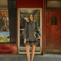 Tuckernuck NEW Black Geo Tate Tencel Long Sleeve Drop Waist Mini Dress Size XS
