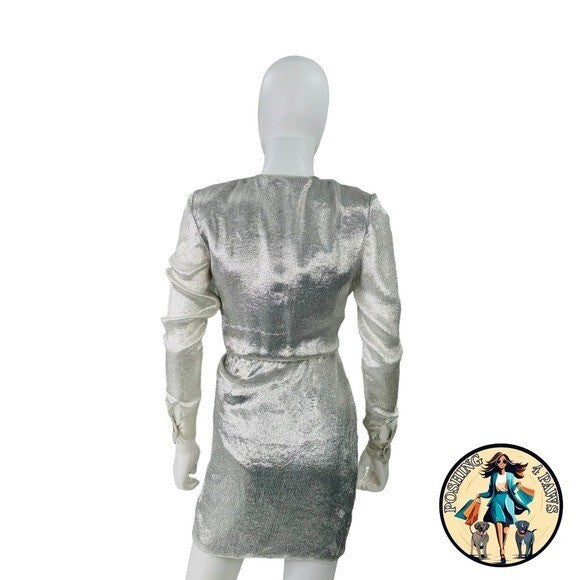 Redemption for FWRD Long Sleeve Metallic Deep V Party Dress in Silver Size XS