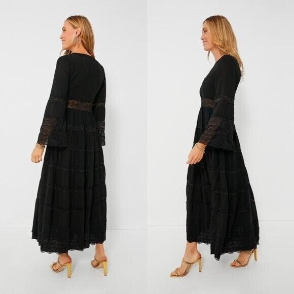 Hyacinth House NEW Lydia V Neck Black Lace Tiered Elegant Maxi Dress Size XS