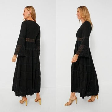 Hyacinth House NEW Lydia V Neck Black Lace Tiered Elegant Maxi Dress Size XS