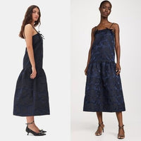 GANNI NEW Navy Blue Botanical Jacquard Formal Bow Strap Midi Dress Size 6