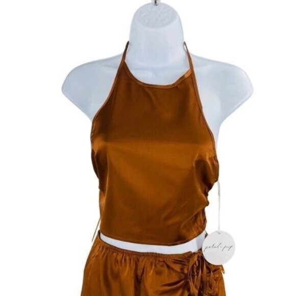 Mable x Petal and Pup NEW Angelique Open Back Satin Cognac Matching Set Size L