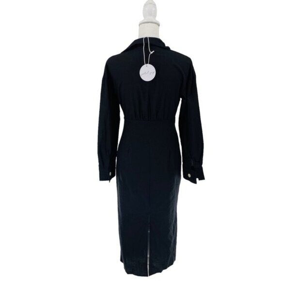 Petal & Pup NEW Monrow Black Preppy Long Sleeve Linen Midi Shirt Dress Size 2
