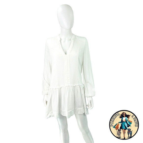 Pomander Place NEW White Gauze Beaded Long Puff Sleeve V-Neck Mini Dress Size S