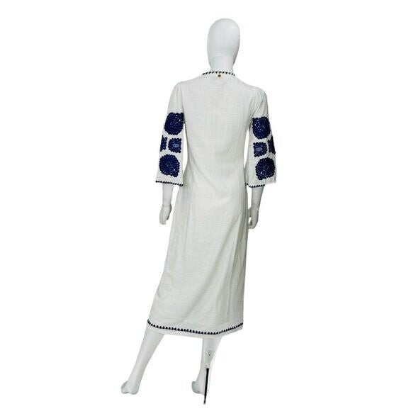 Antik Batik NEW Embroidered Tiki White and Blue Caftan Midi Dress Size XS