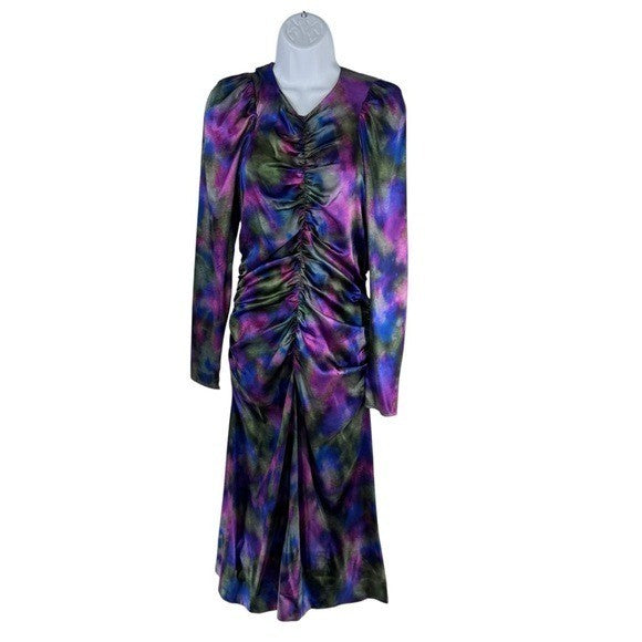 Ganni NEW Watercolor Simply Purple Silk Stretch Formal Satin Midi Dress Size L