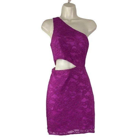 NBD x Naven NEW Elina Lace Cut Out One Shoulder Mini Dress in Magenta Size XS