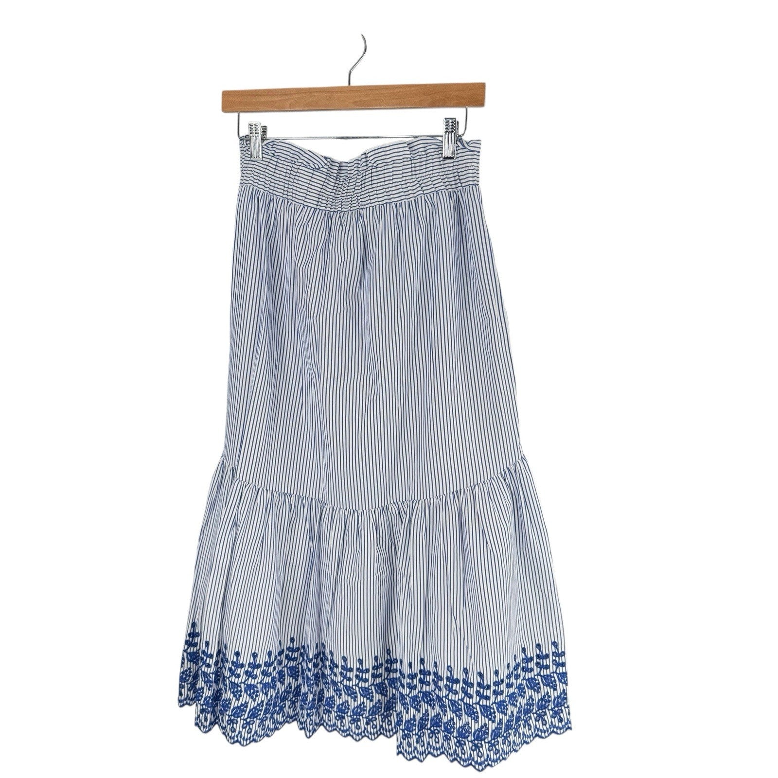 Tuckernuck NEW Blue White Eyelet Stripe Cinza Embroidered Midi Skirt Size L