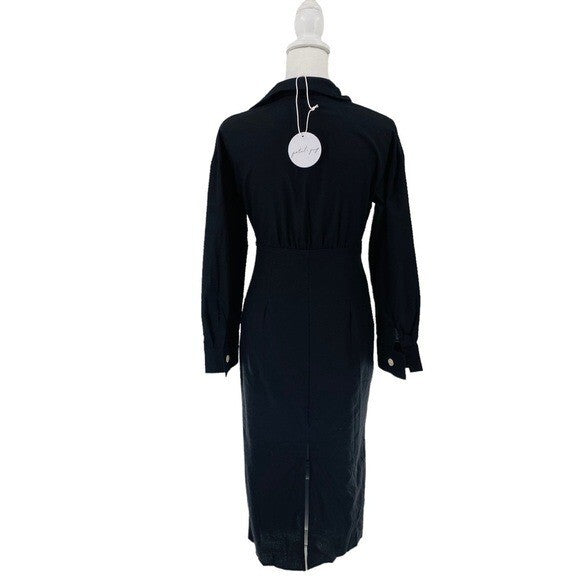 Petal & Pup NEW Monrow Black Preppy Long Sleeve Linen Midi Shirt Dress Size 4