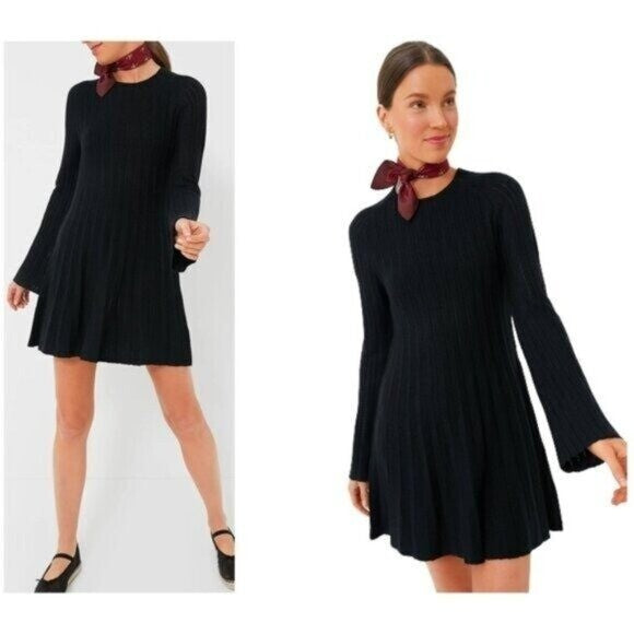 Pomander Place NEW Black Adi Long Belle Sleeve Ribbed Knit Mini Dress Size M