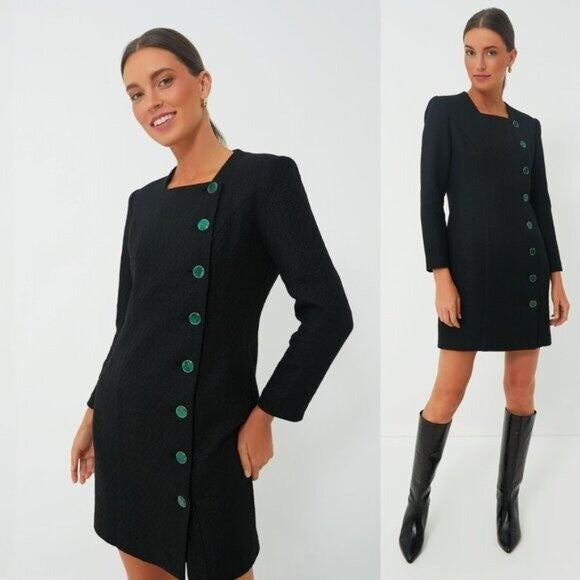 Pomander Place NEW Black Tweed Retro Winslet Green Button Mini Dress Size XXL