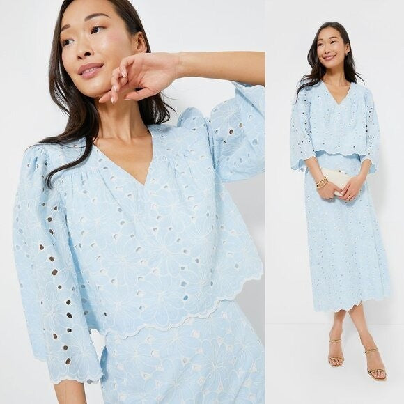 Tuckernuck NEW Airy Blue Eyelet Daniella Lace Flared sleeve Blouse Top Size XXL