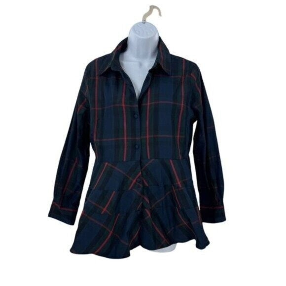 Pomander Place NEW Fraser Navy Plaid Ashlen Long Sleeve Blouse Top Size XL