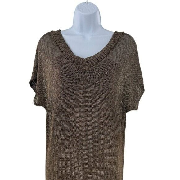 Tuckernuck Bronze Metallic Knit Mesh V Neck Short Sleeve Midi Dress Size M