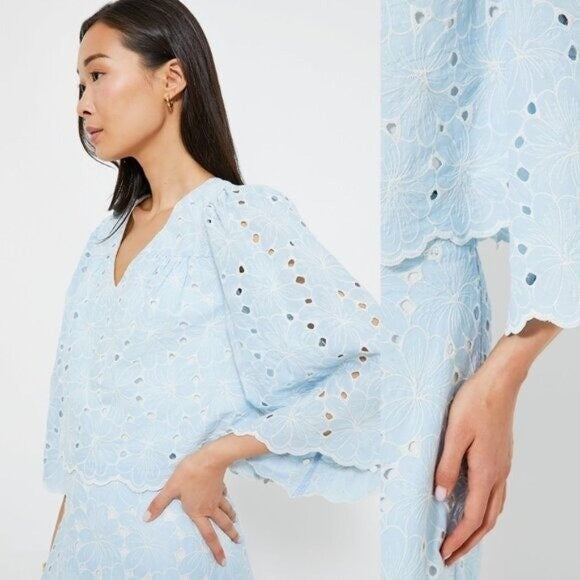 Tuckernuck NEW Airy Blue Eyelet Daniella Lace Flared sleeve Blouse Top Size XL