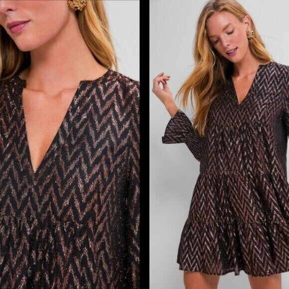 Pomander Place NEW Metallic Ikat Kenzo Long Sleeve Relaxed Fit Mini Dress Size L