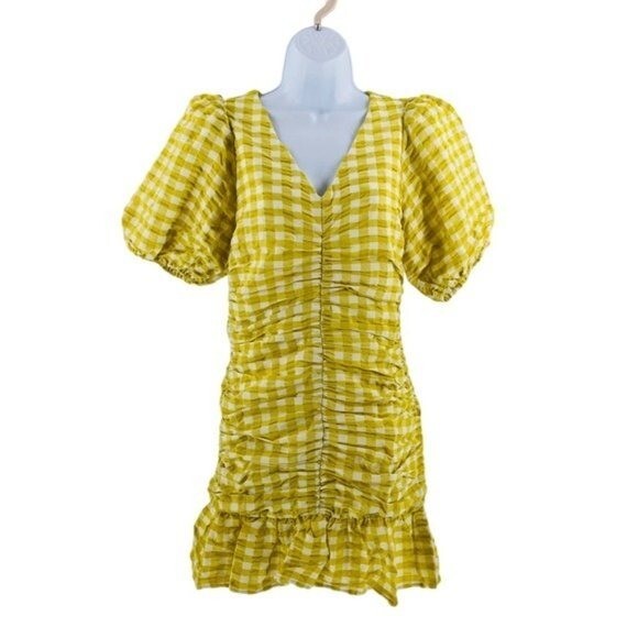 Petal & Pup NEW Tenice V Neck Gingham Puff Sleeve Mini Dress Green Size S