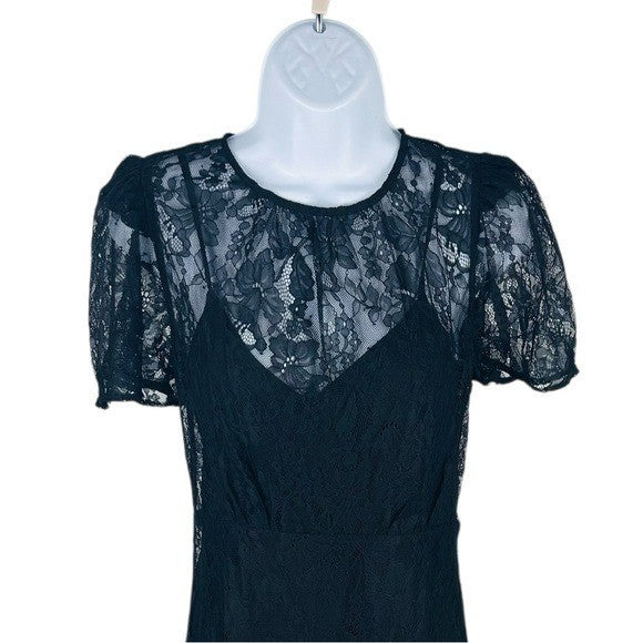 Rhode NEW Arabella Lace Black Short Sleeve Semi Sheer Formal Midi Dress Size 0