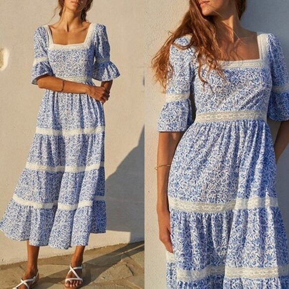 Pink City Prints NEW Celine Sky Chintz Blue Lace Floral Maxi Dress Size S