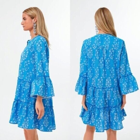 Juliet Dunn NEW Sapphire Small Flower Lurex Flared Sleeve Mini Dress Size L