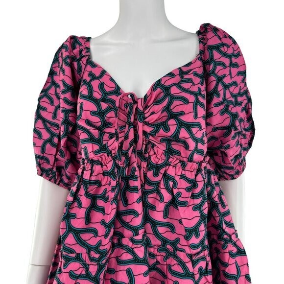 Elsamama NEW Pink Bimpe Abstract Cotton Tiered Relaxed Fit Mini Dress Size M