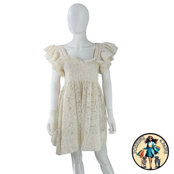 Lug Von Siga NEW Ivory Valery Eyelet Lace Square Neck Mini Dress Size 6