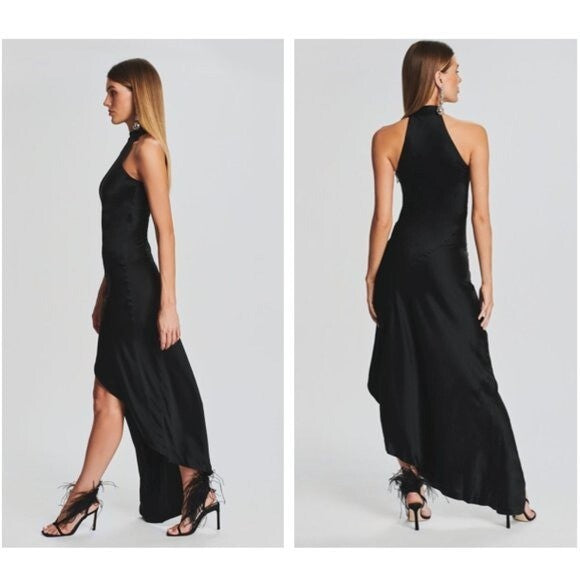 retrofete NEW Sab Satin Formal High Neck Bodycon Maxi Dress in Black Size XS