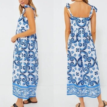 Tuckernuck Beach NEW Majolica Tile Tie Shoulder Tilly Caftan Maxi Dress Size XS