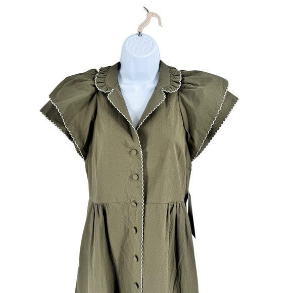 Tuckernuck NEW Olive Green Alice Puff Sleeve Collared Classic Midi Dress XXS