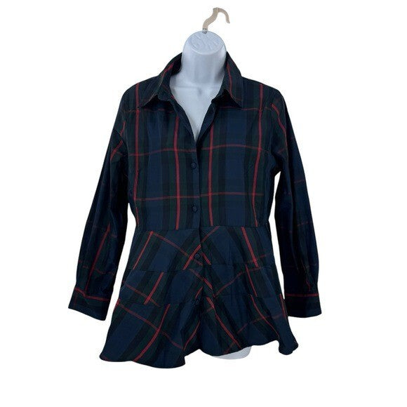 Pomander Place NEW Fraser Navy Plaid Ashlen Peplum Long Sleeve Blouse Top Size M