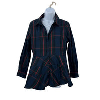 Pomander Place NEW Fraser Navy Plaid Ashlen Peplum Long Sleeve Blouse Top Size M