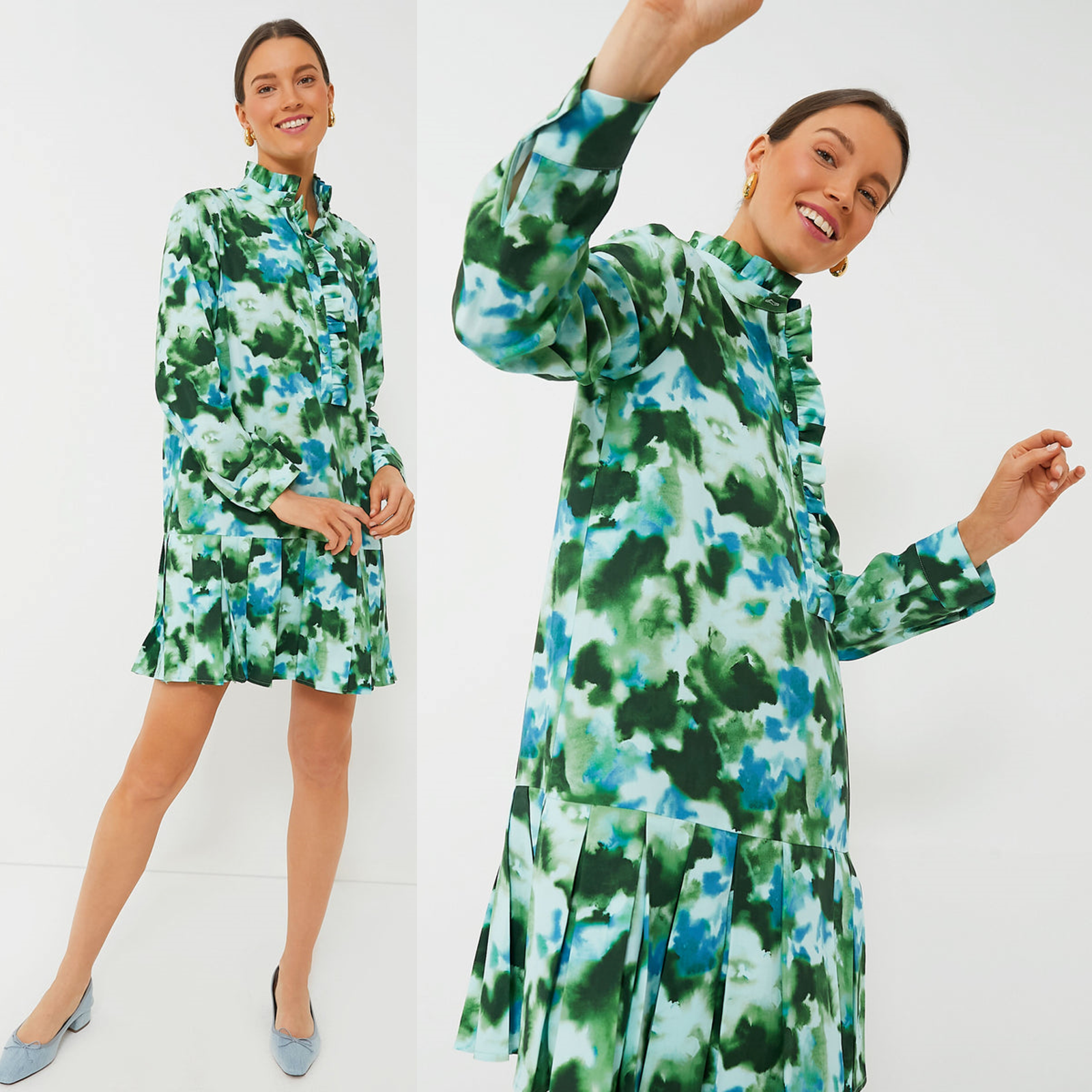Tuckernuck NEW Deep Lagoon Tate Green Drop Waist Long Sleeve Mini Dress XS