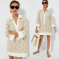 Tuckernuck NEW Tan Crochet Collier Collared Coastal Mini Dress Size L