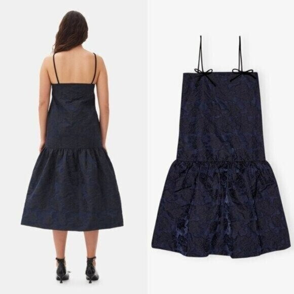 GANNI NEW Navy Blue Botanical Jacquard Formal Bow Strap Midi Dress Size 8