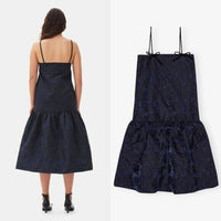 GANNI NEW Navy Blue Botanical Jacquard Formal Bow Strap Midi Dress Size 8