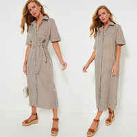 Pomander Place NEW Brown Gingham Seersucker Zacara Maxi Dress Size XL