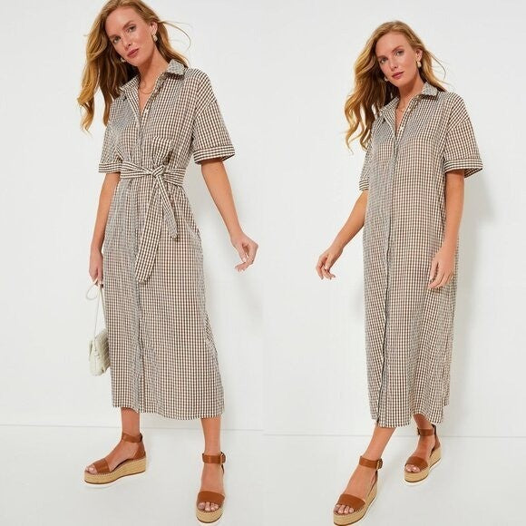 Pomander Place NEW Brown Gingham Seersucker Zacara Maxi Dress Size XL
