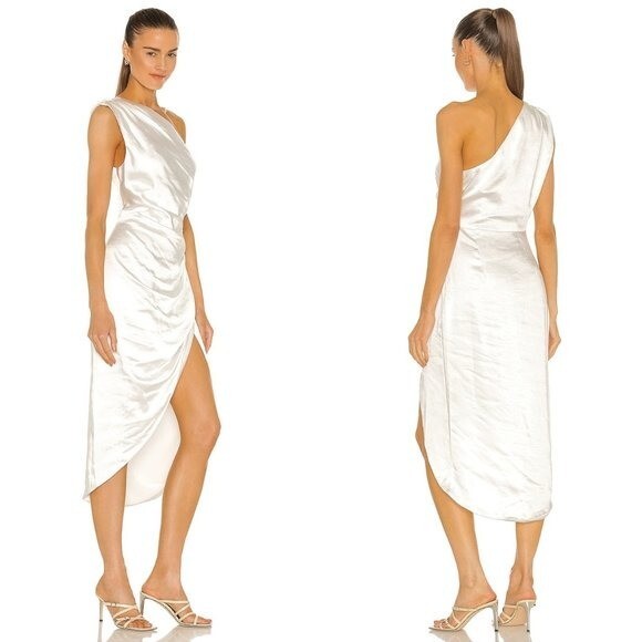 ELLIATT NEW Cassini Satin Formal One Shoulder Midi Dress in Ivory Size L
