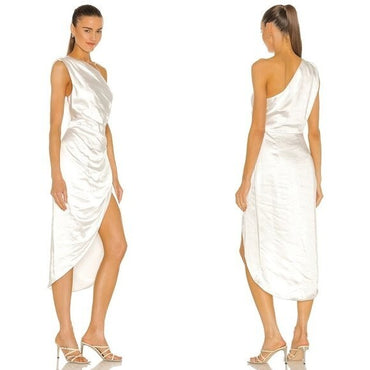 ELLIATT NEW Cassini Satin Formal One Shoulder Midi Dress in Ivory Size L