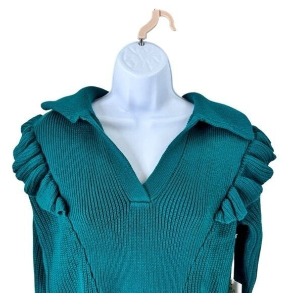 Tuckernuck NEW Hyacinth House Teal Ruffle Casey Collared V-Neck Sweater Size M