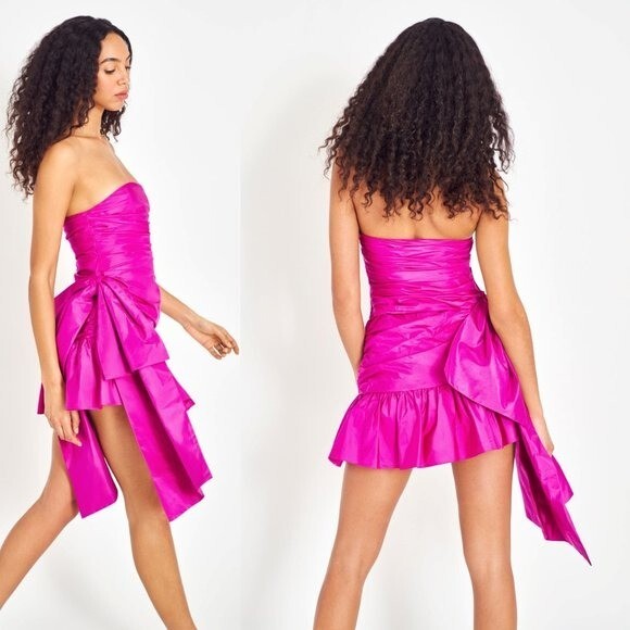 LoveShackFancy NEW Noble Bow Silk Formal Flirty Fuschia Mini Dress Size 12