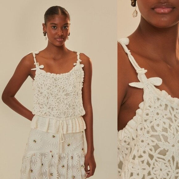 Farm Rio NEW White Flowers Crochet Handmade Peplum Scoop Neck Top Size XL
