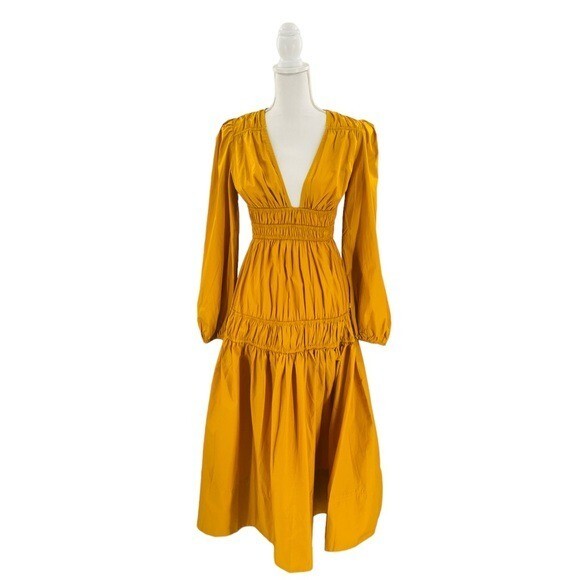 Petal & Pup NEW Dani Long Sleeve Cotton Maxi Dress in Mustard Yellow Size XS