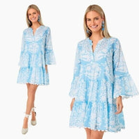 Juliet Dunn NEW Pastel Blue Palladio Flared Sleeve Mini Dress Blue White Size S