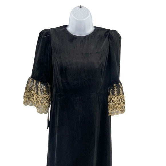 NEW Pomander Place Black Velvet Lillith Gold Embroidered Lace Maxi Dress Size S