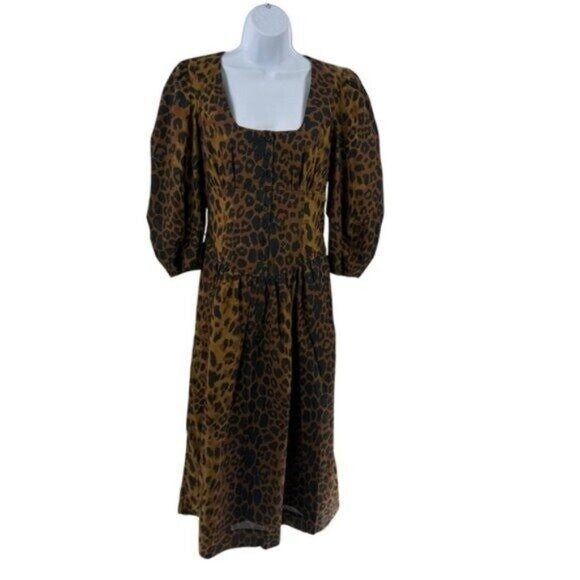 Tuckernuck NEW Leopard Graciela Puff Sleeve Square Neck Midi Dress Size 12