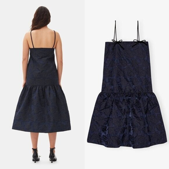 GANNI NEW Navy Blue Botanical Jacquard Formal Bow Strap Midi Dress Size 4