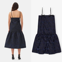 GANNI NEW Navy Blue Botanical Jacquard Formal Bow Strap Midi Dress Size 4