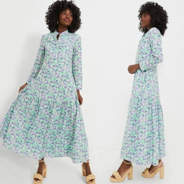 Hyacinth House NEW Aqua Bellflower Multi Floral Long Sleeve Maxi Dress Size XS