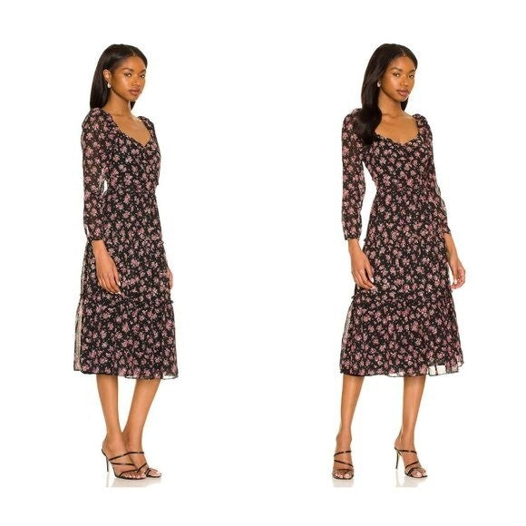 1. STATE | NWT Long Sleeve Midi Dress in Gold Foil Floral Chiffon Size 2/S